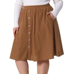 Plus Size Midi Elastic High Waist Button Front Corduroy Skirts Dark Brown